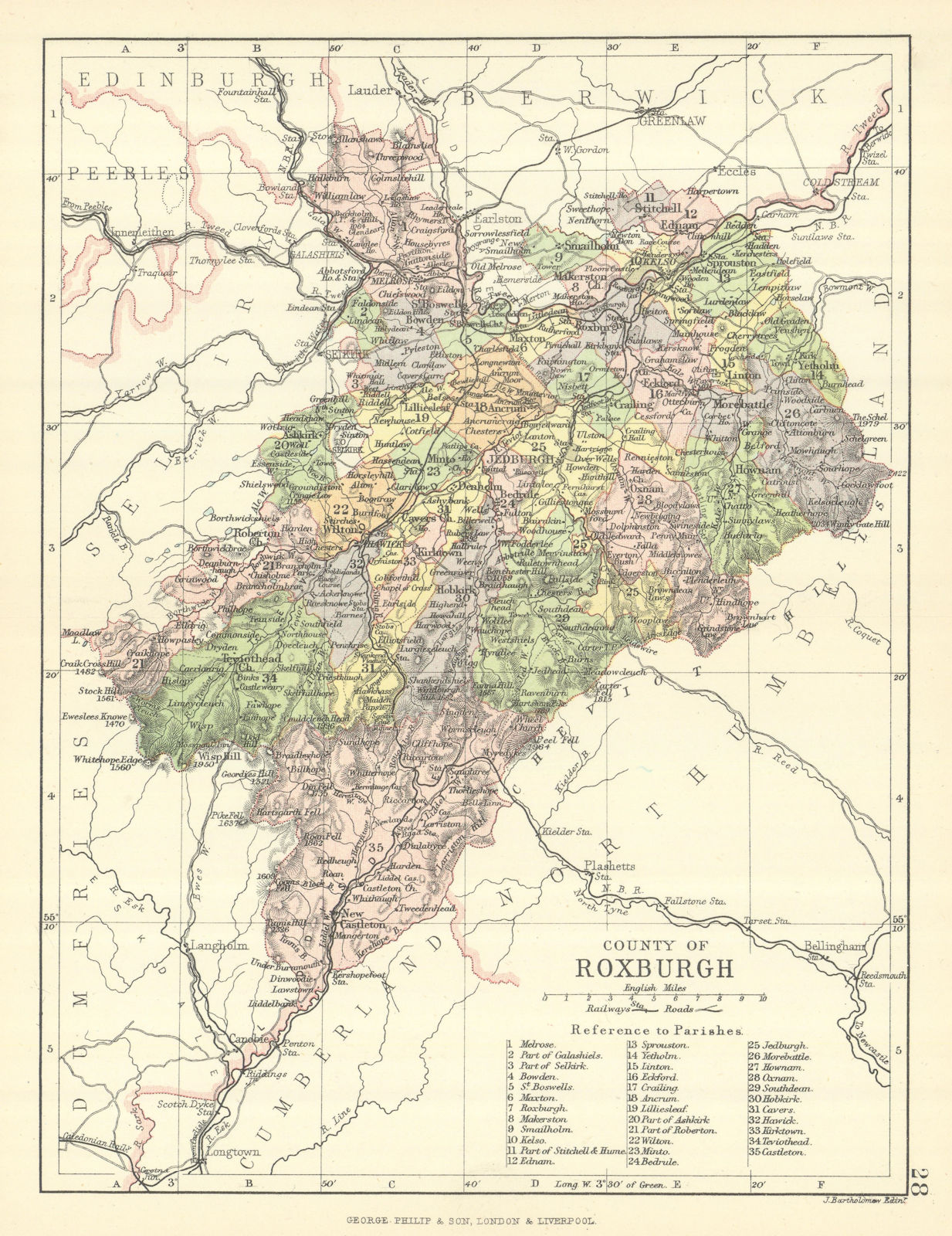 'County of Roxburgh'. Roxburghshire. Parishes. BARTHOLOMEW 1888 old map