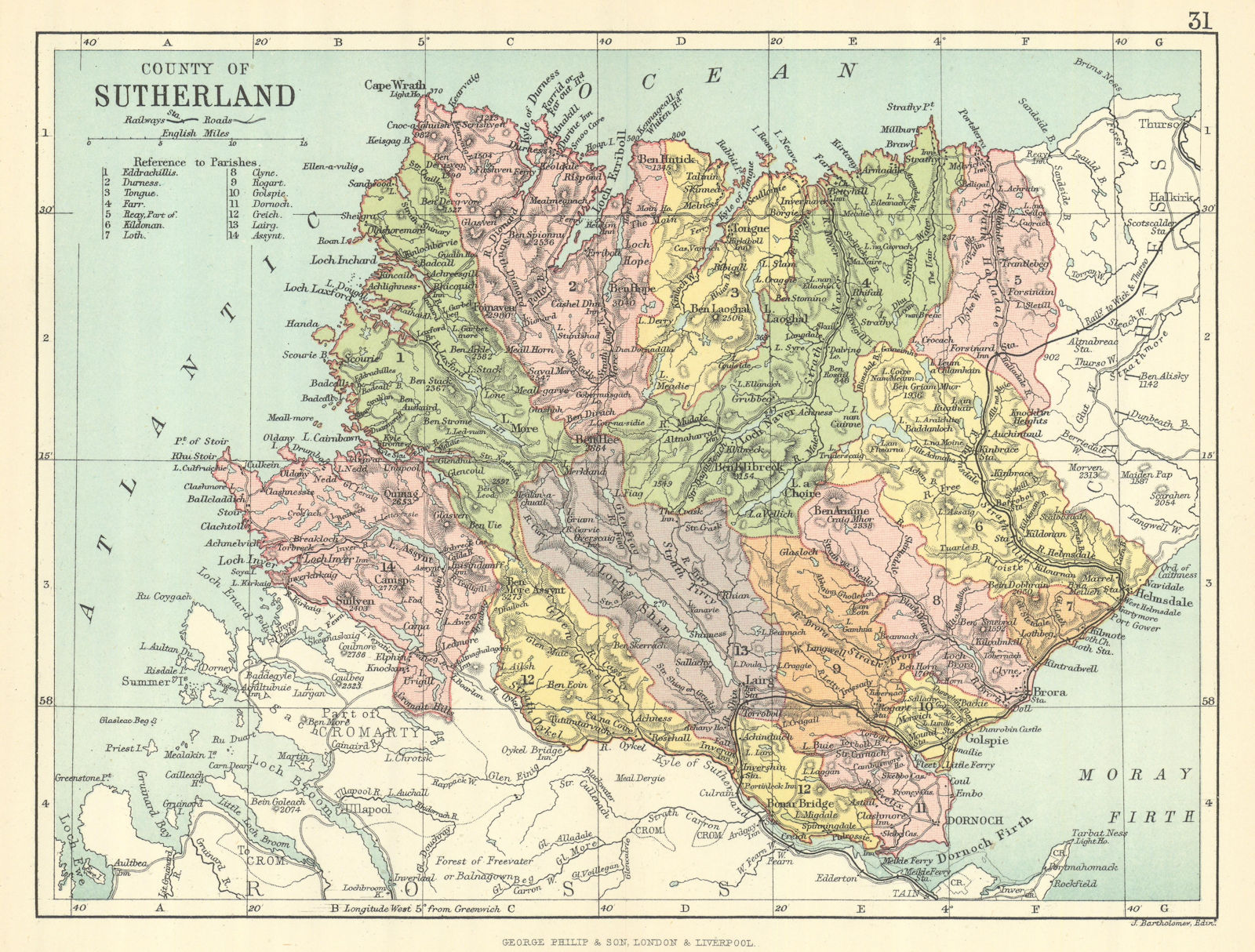'County of Sutherland'. Sutherlandshire. Parishes. BARTHOLOMEW 1888 old map