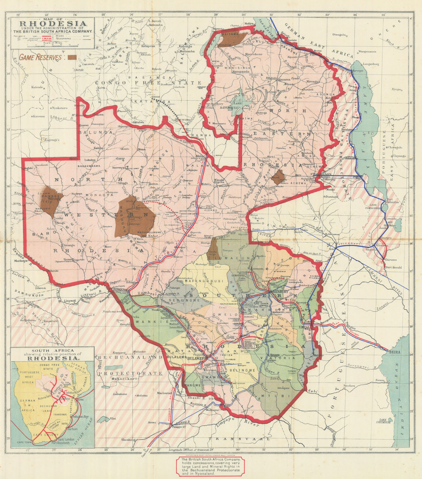 Rhodesia… British South Africa Company. Game reserves. Zimbabwe Zambia 1910 map