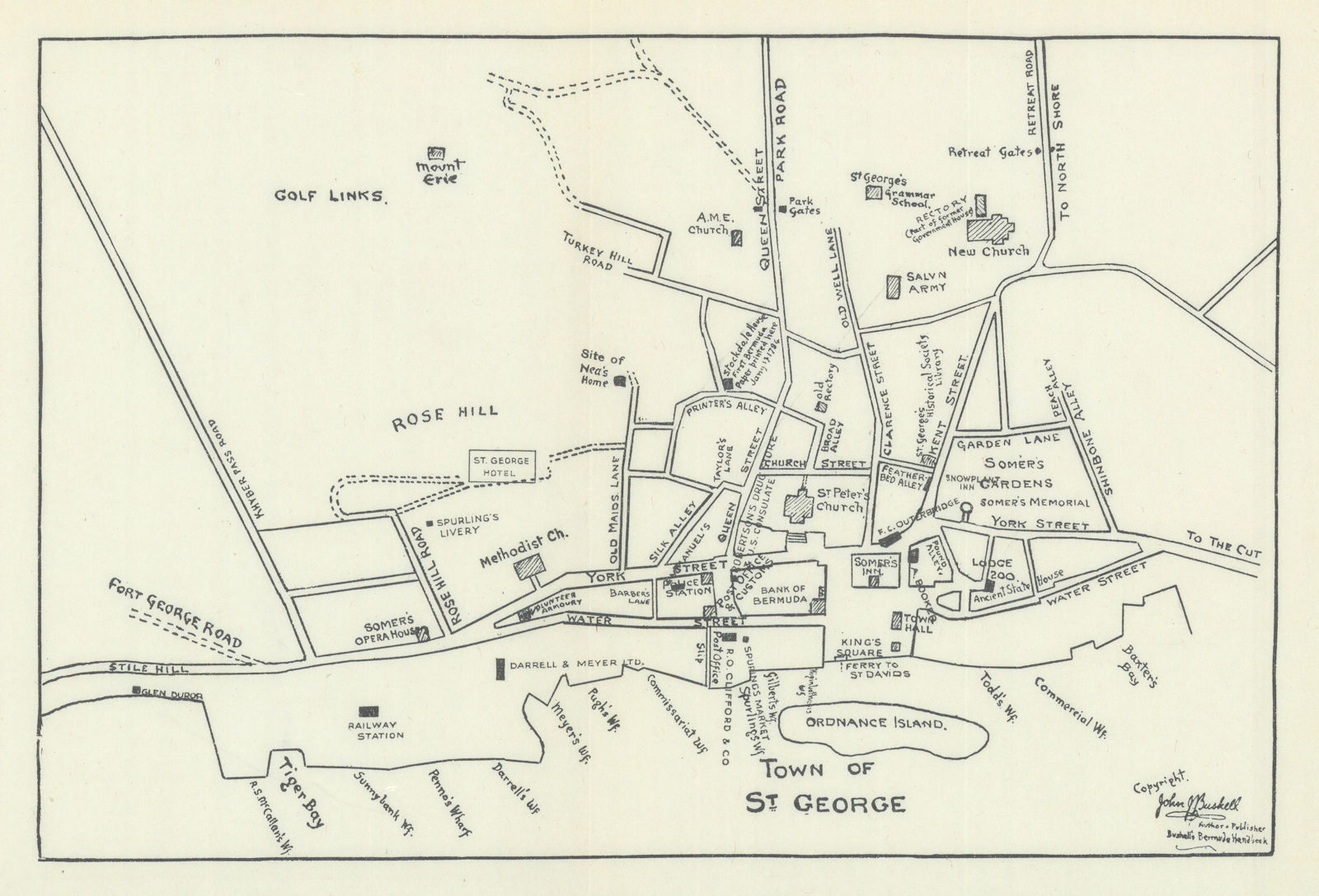 St. George, Bermuda town / city plan by John Bushell 1938 old vintage map