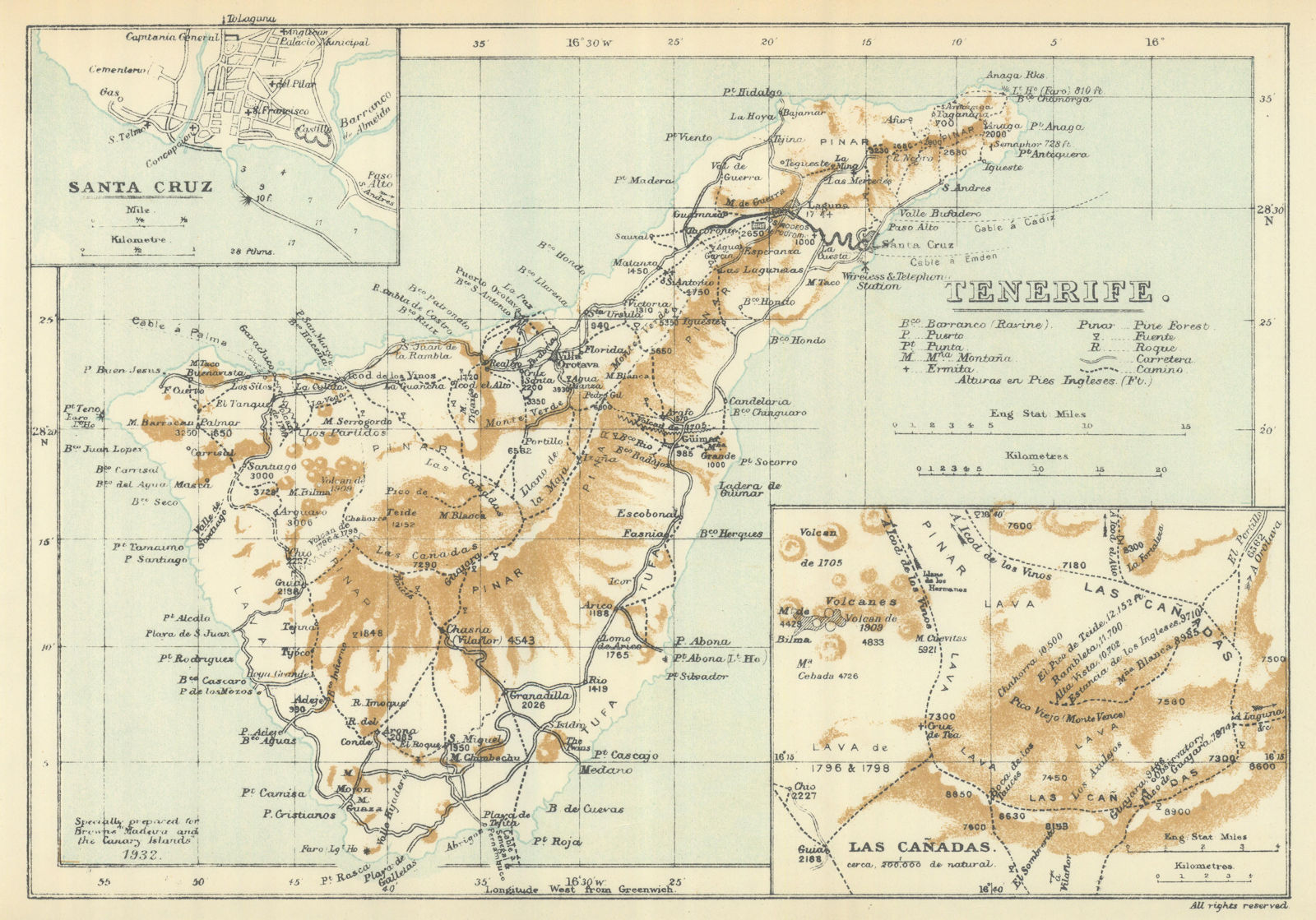 Tenerife. Santa Cruz. Las Cañadas, Canary Islands. SAMLER BROWN 1932 old map