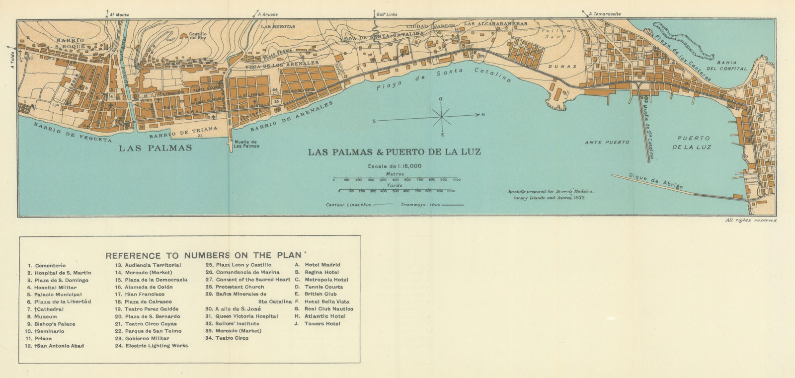 Las Palmas city plan, Gran Canaria, Canary Islands. SAMLER BROWN 1932 old map