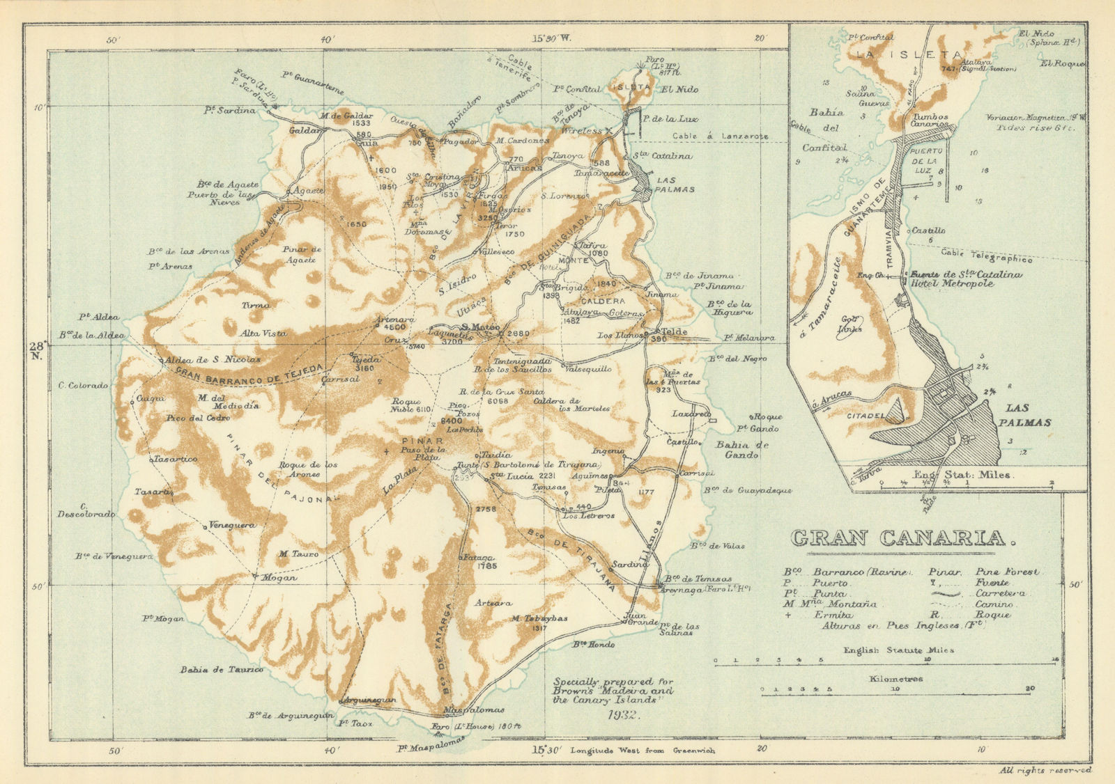 Gran Canaria & Las Palmas, Canary Islands. SAMLER BROWN 1932 old vintage map