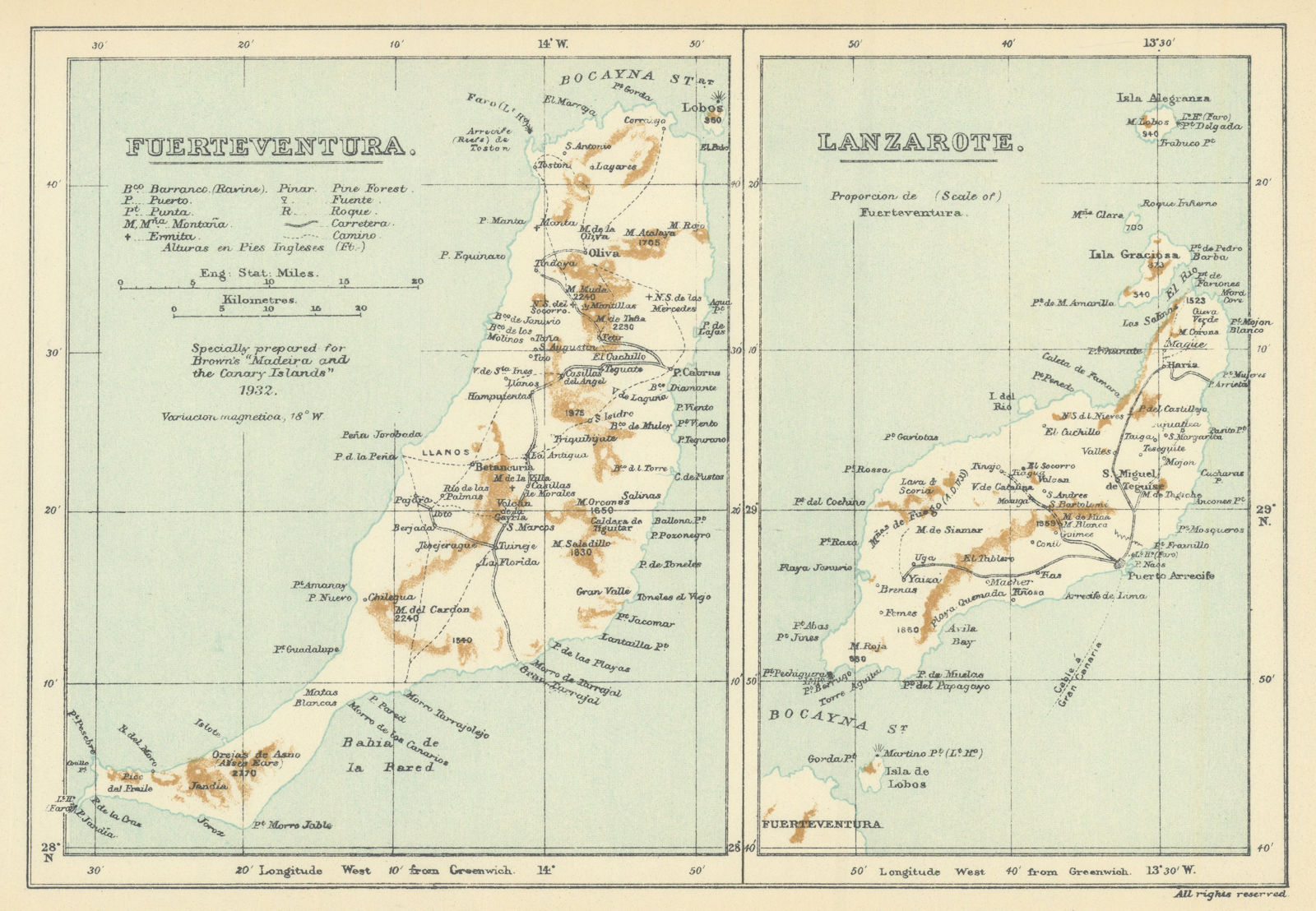 Fuerteventura & Lanzarote, Canary Islands. SAMLER BROWN 1932 old vintage map