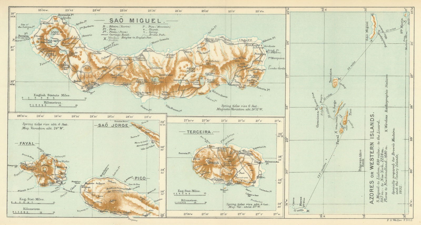 Azores. Saõ Miguel. Terceira. Fayal. Pico. Saõ Jorge. SAMLER BROWN 1932 map