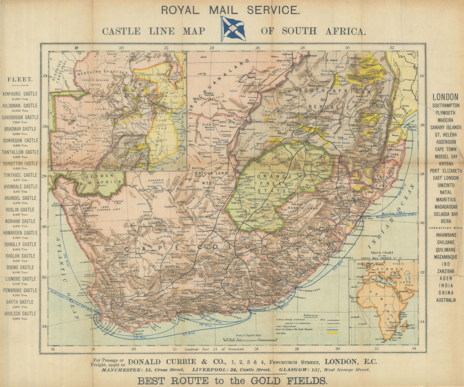 Royal Mail Service - Castle Line map of South Africa. SAMLER BROWN 1899