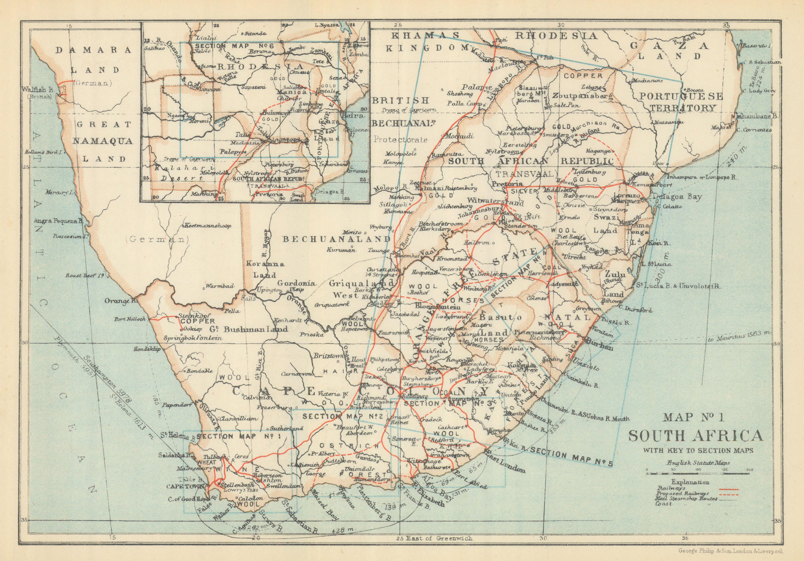 South Africa railways & mail steamship routes. SAMLER BROWN 1899 old map