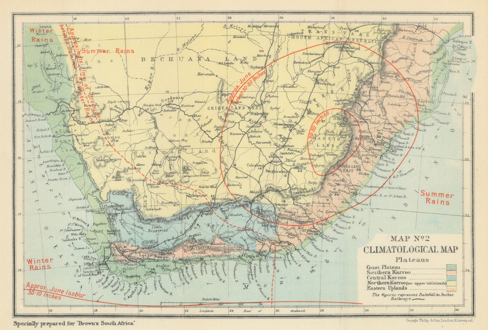 South Africa - Climatological Plateaus. Winter/summer rains. BROWN 1899 map