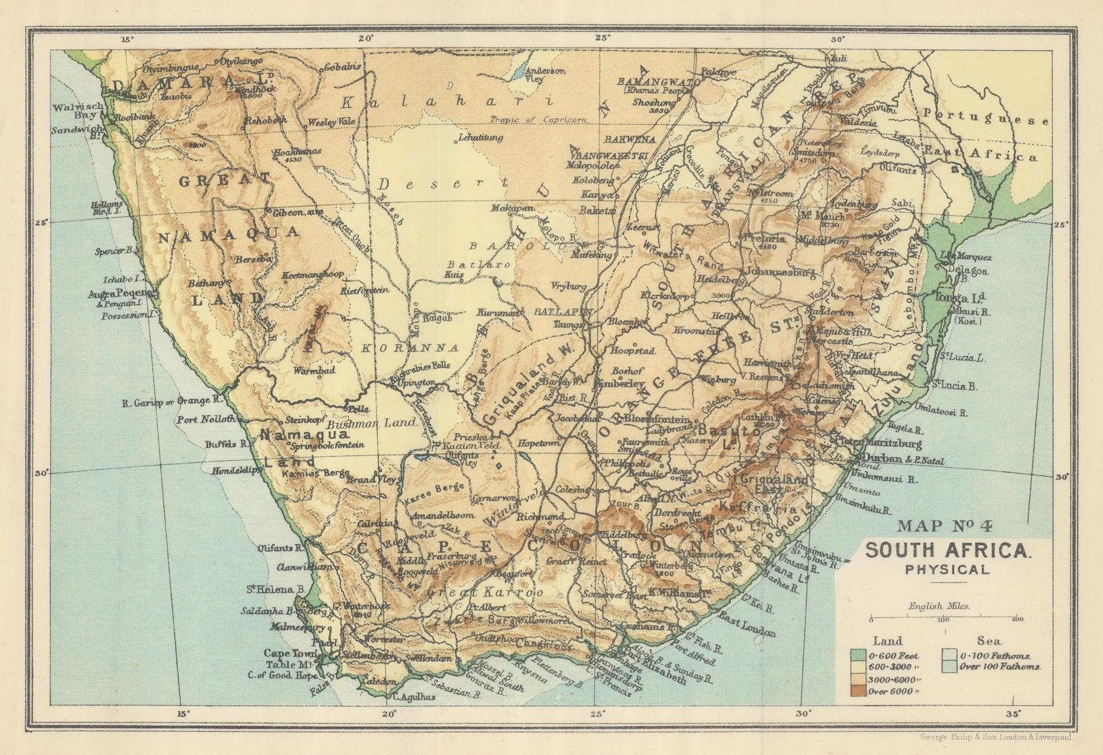 South Africa - Physical. Elevation. SAMLER BROWN 1899 old antique map chart