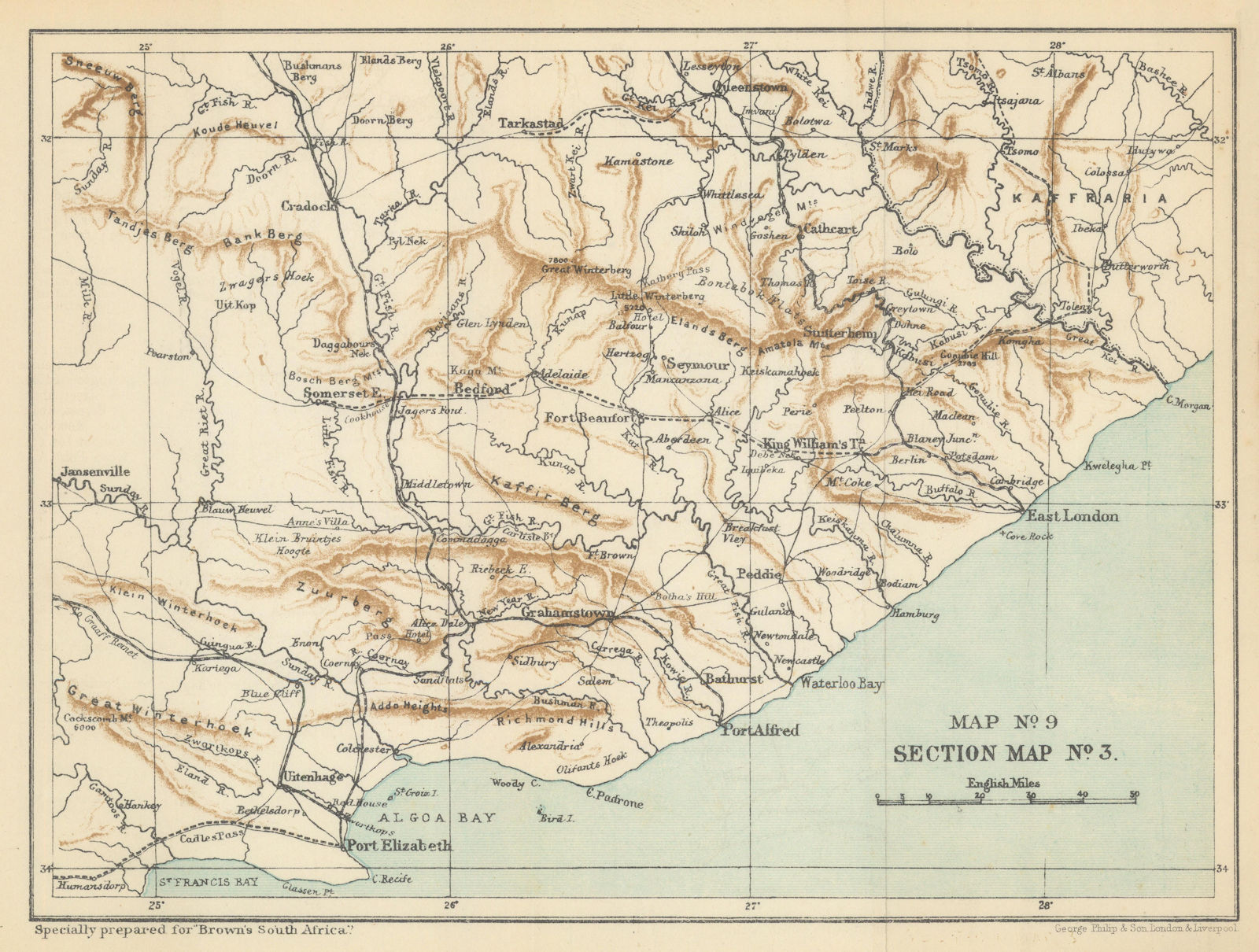 South Africa - Eastern Southern Provinces of Cape Colony. SAMLER BROWN 1899 map