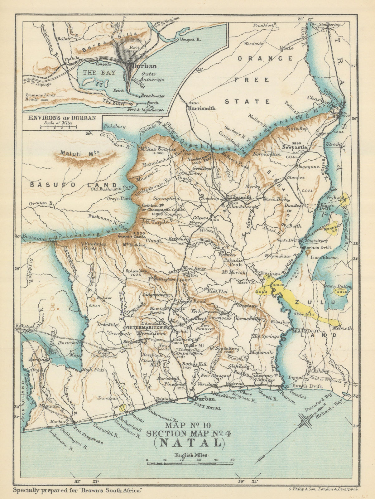 Associate Product South Africa - Natal & Durban environs. Goldfields. SAMLER BROWN 1899 map