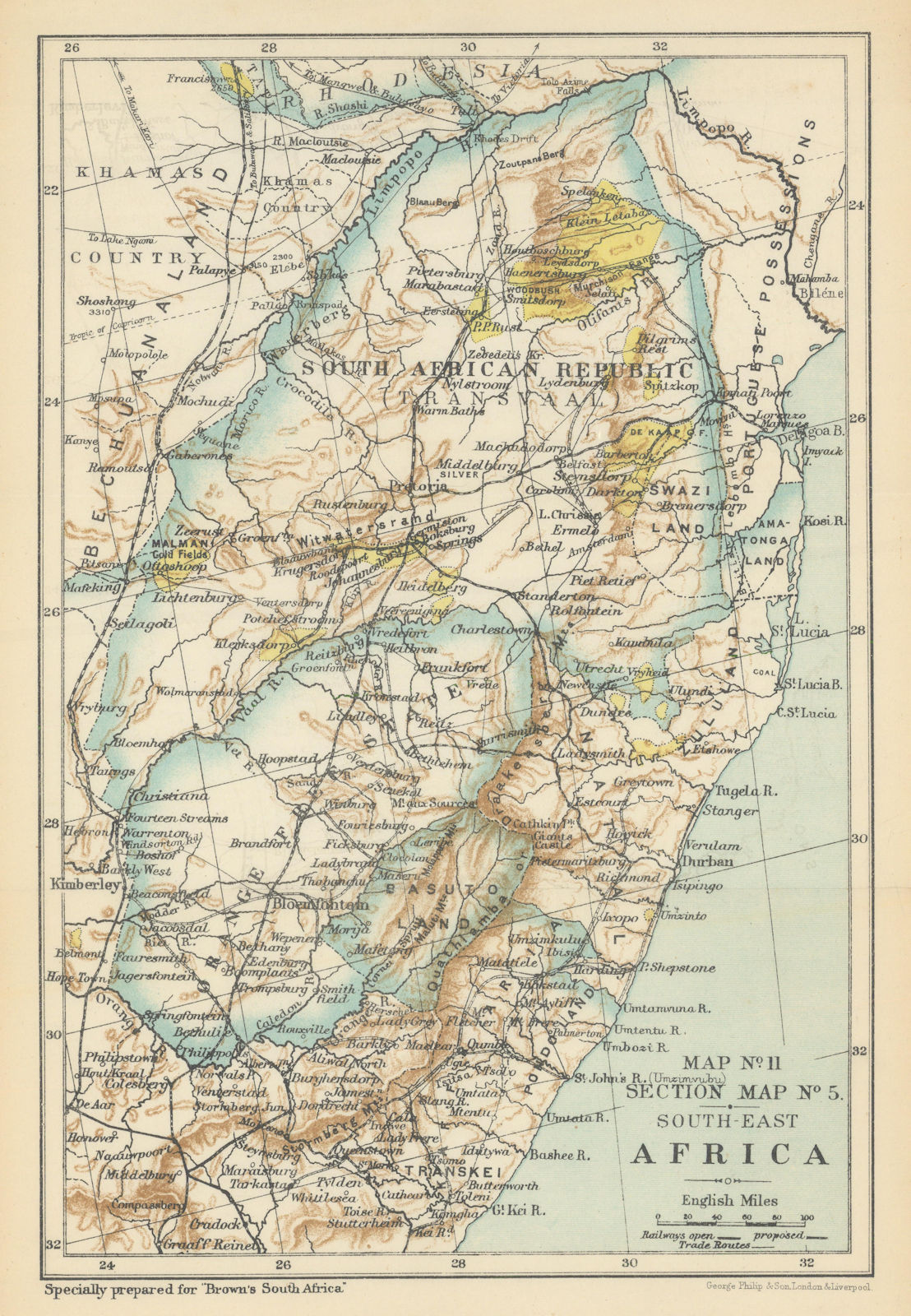 South Africa - Transvaal & Orange Free State. Goldfields. SAMLER BROWN 1899 map