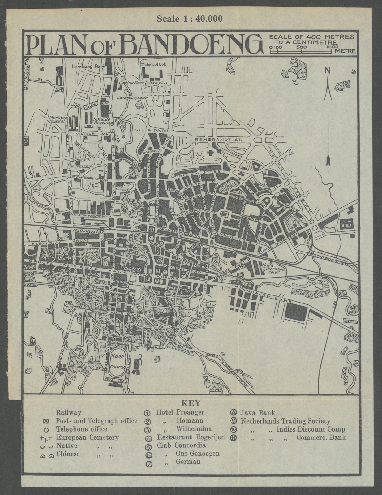Plan of Bandoeng. Bandung city plan, Java, Indonesia. VAN STOCKUM 1930 old map