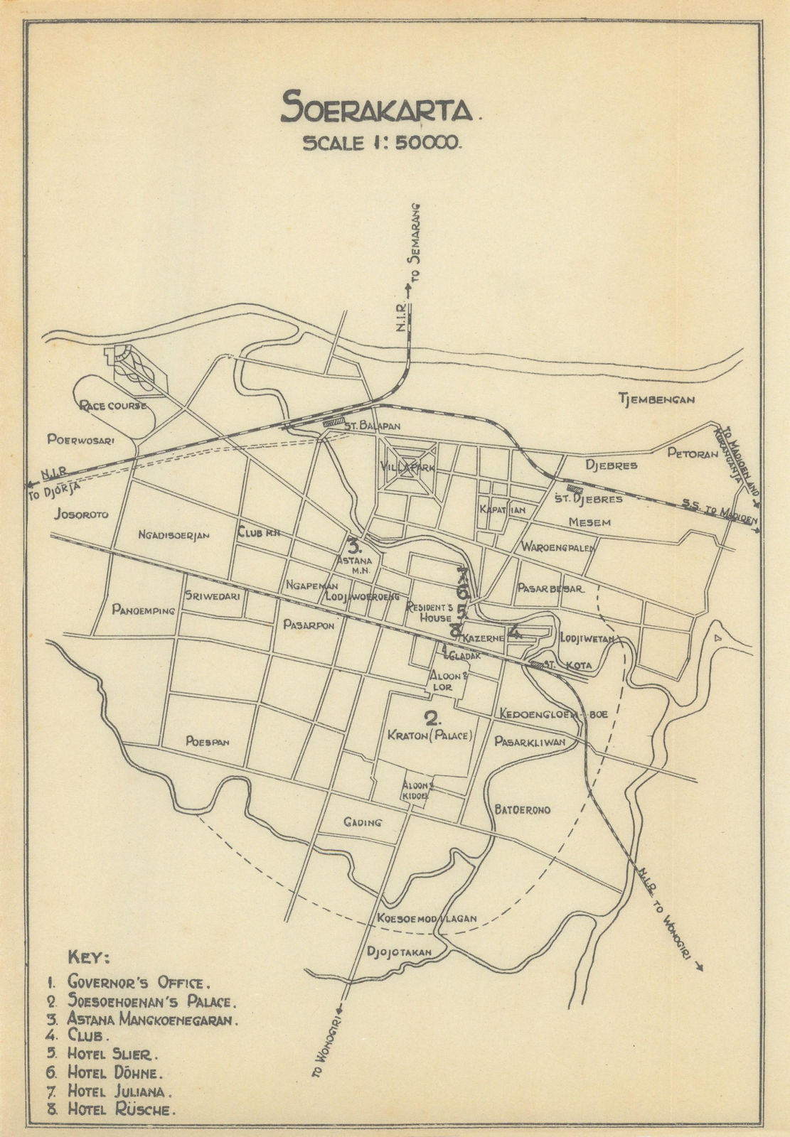 Soerakarta. Surakarta city plan, Java, Indonesia. VAN STOCKUM 1930 old map