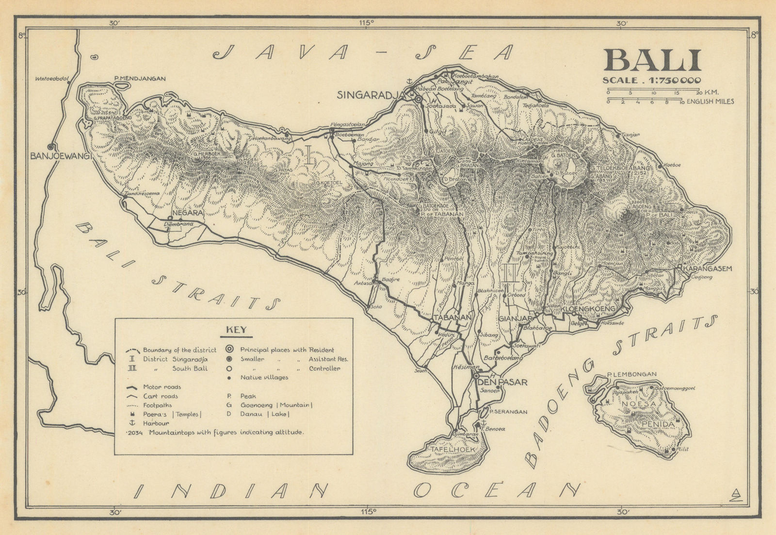 The island of Bali. Dutch East Indies. Indonesia. VAN STOCKUM 1930 old map