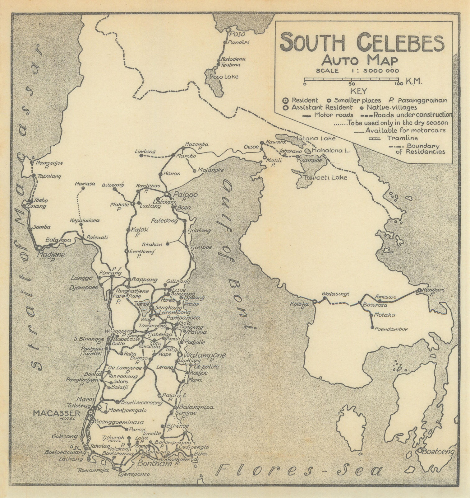 South Celebes auto map. Sulawesi. Dutch East Indies. VAN STOCKUM 1930 old
