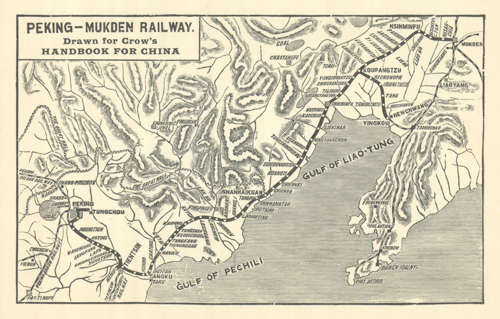 Peking - Mukden Railway (Beijing-Shenyang) by Carl Crow 1921 old antique map
