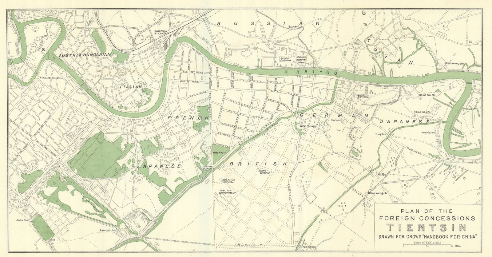 Plan of the Foreign Settlements in Tientsin by Carl Crow. Tianjin China 1921 map