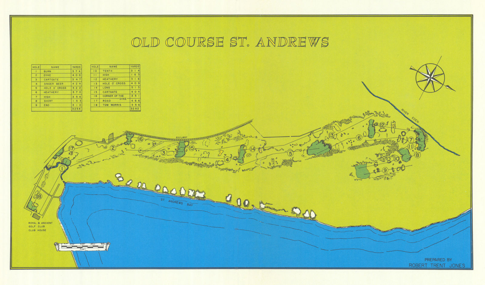 Old Course St. Andrews. Golf course plan by Robert Trent Jones 1966 map