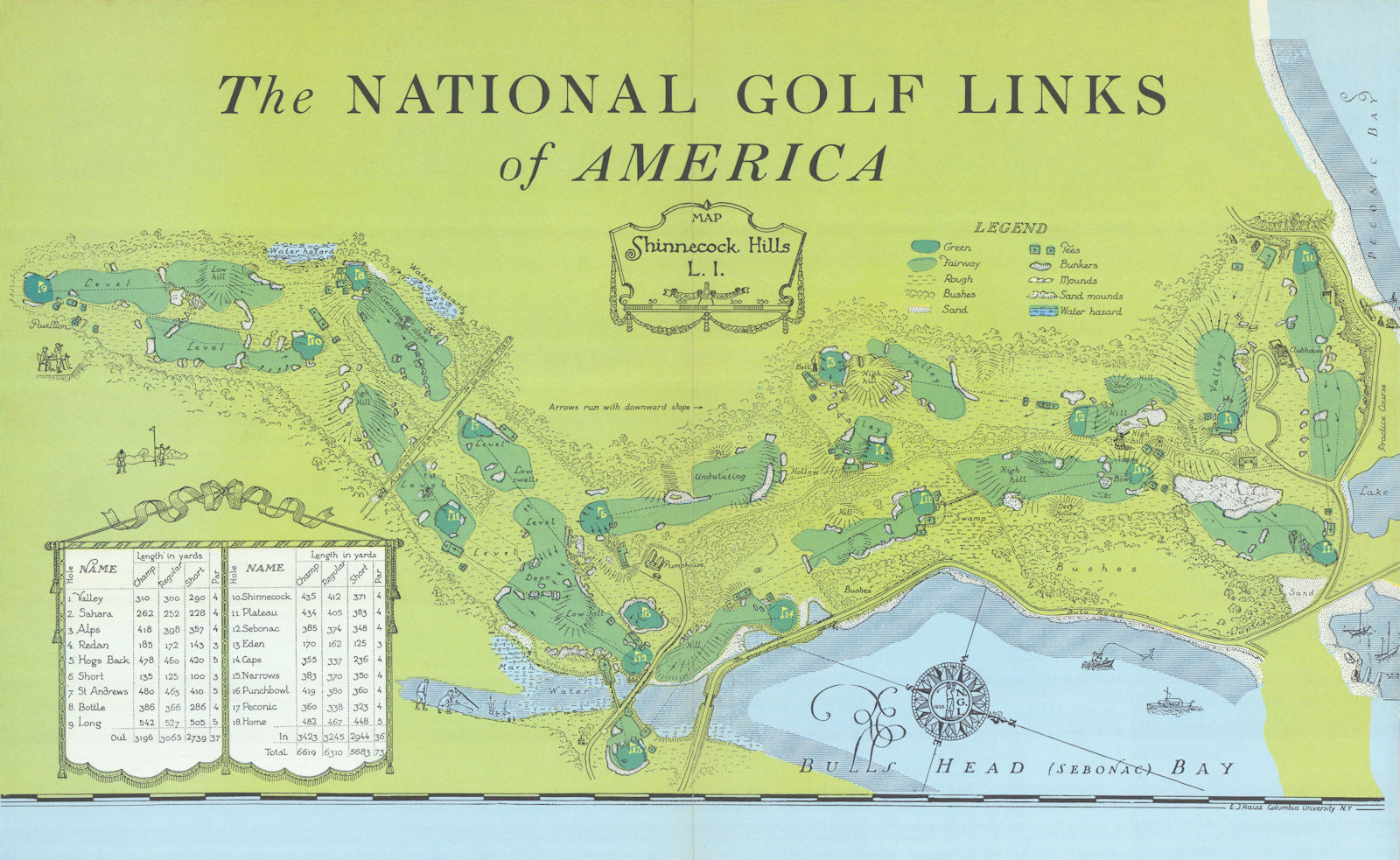 Shinnecock Hills, Long Island. Golf course plan by Erwin Raisz 1954 old map