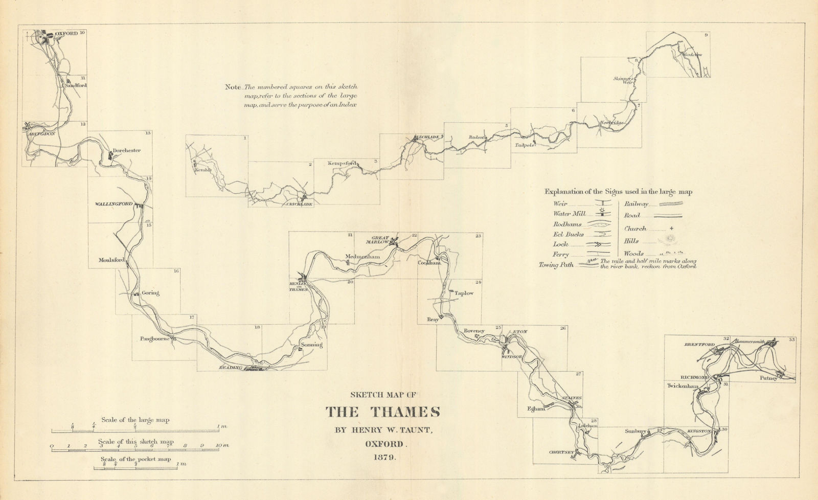 Sketch map of the Thames by Henry W. Taunt 1879 1879 old antique chart