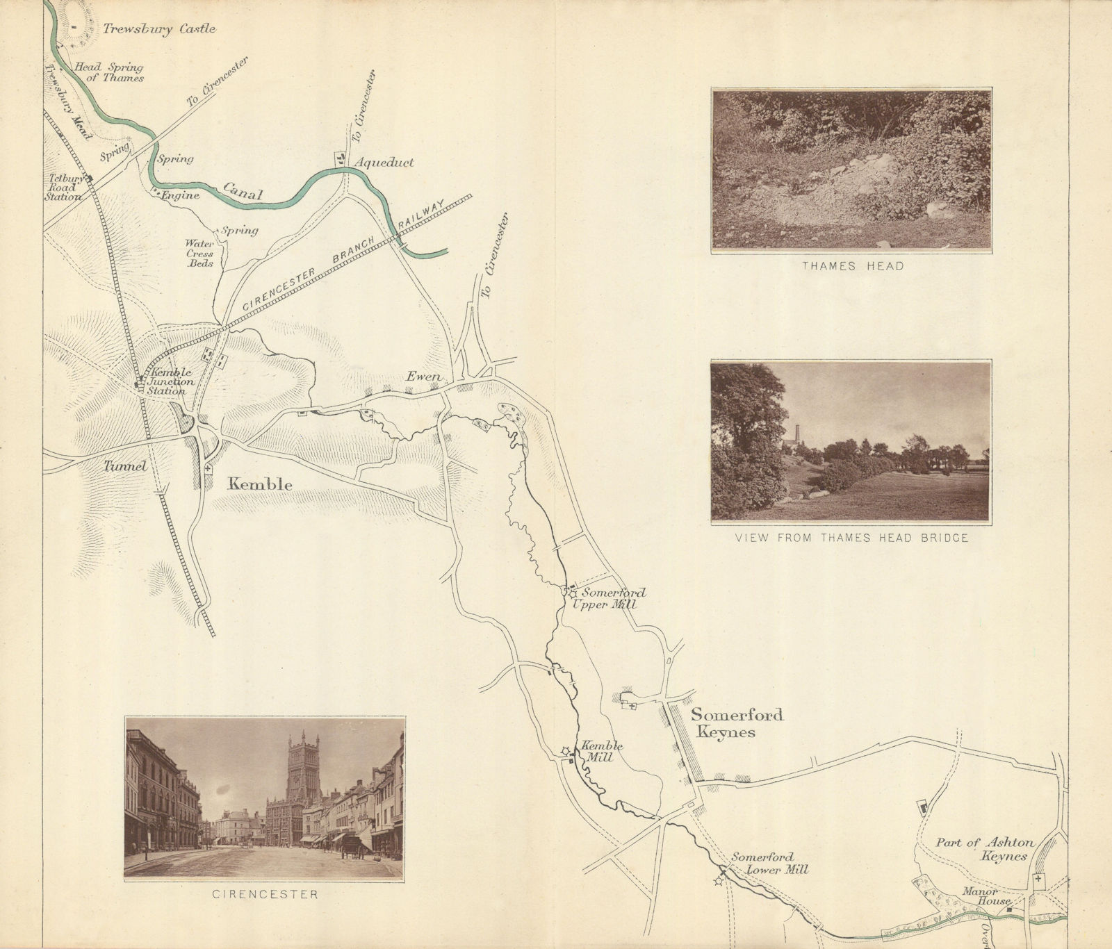 RIVER THAMES HEAD - Kemble - Somerford Keynes. Cirencester. TAUNT 1879 old map