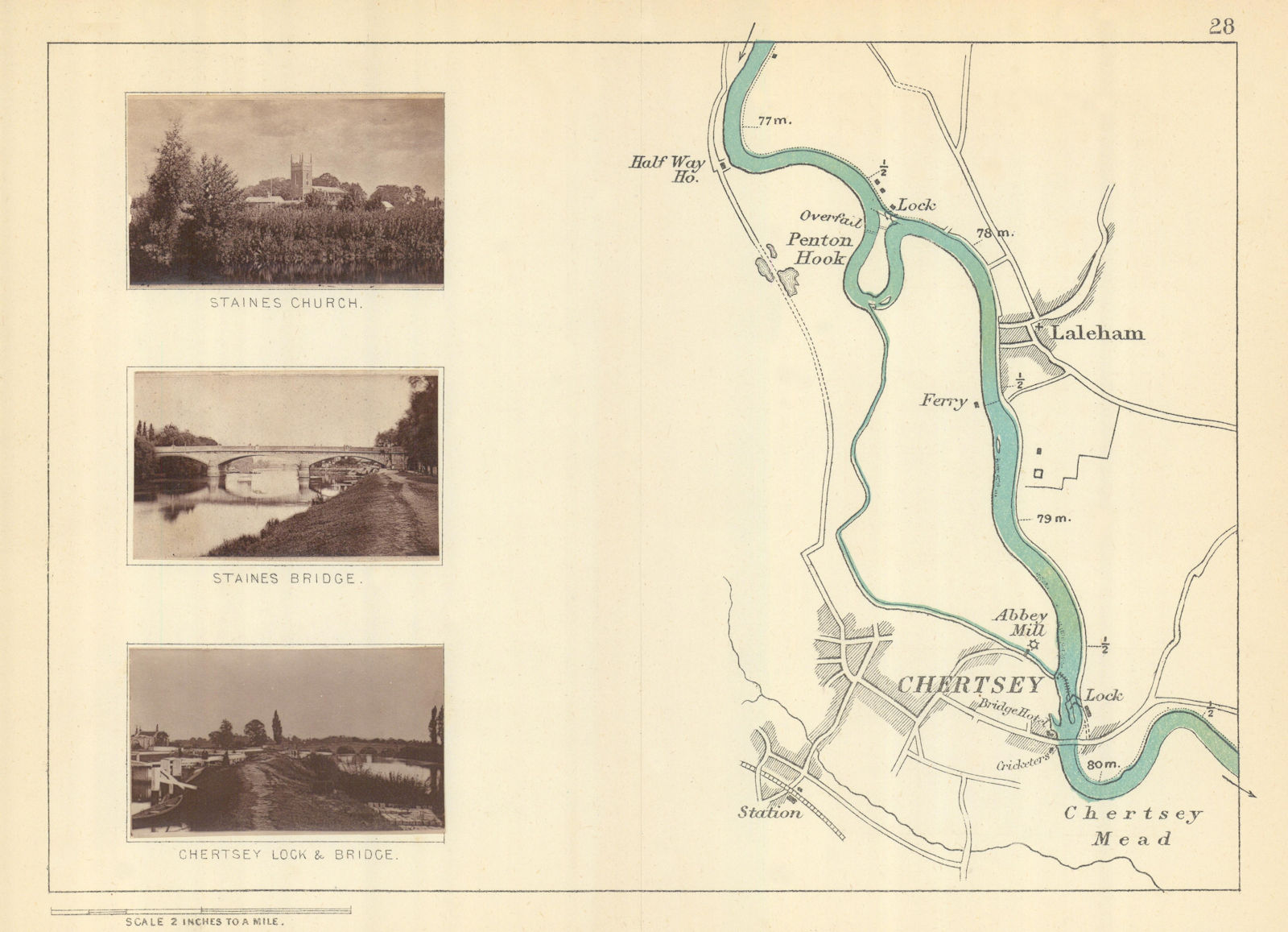 RIVER THAMES - Laleham - Chertsey. Staines Church & Bridge. TAUNT 1879 old map