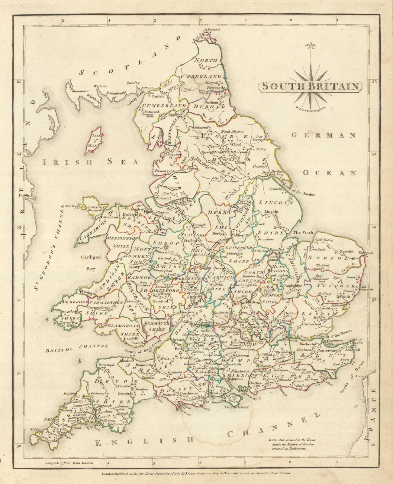 Antique map of SOUTH BRITAIN by JOHN CARY. Original outline colour 1793