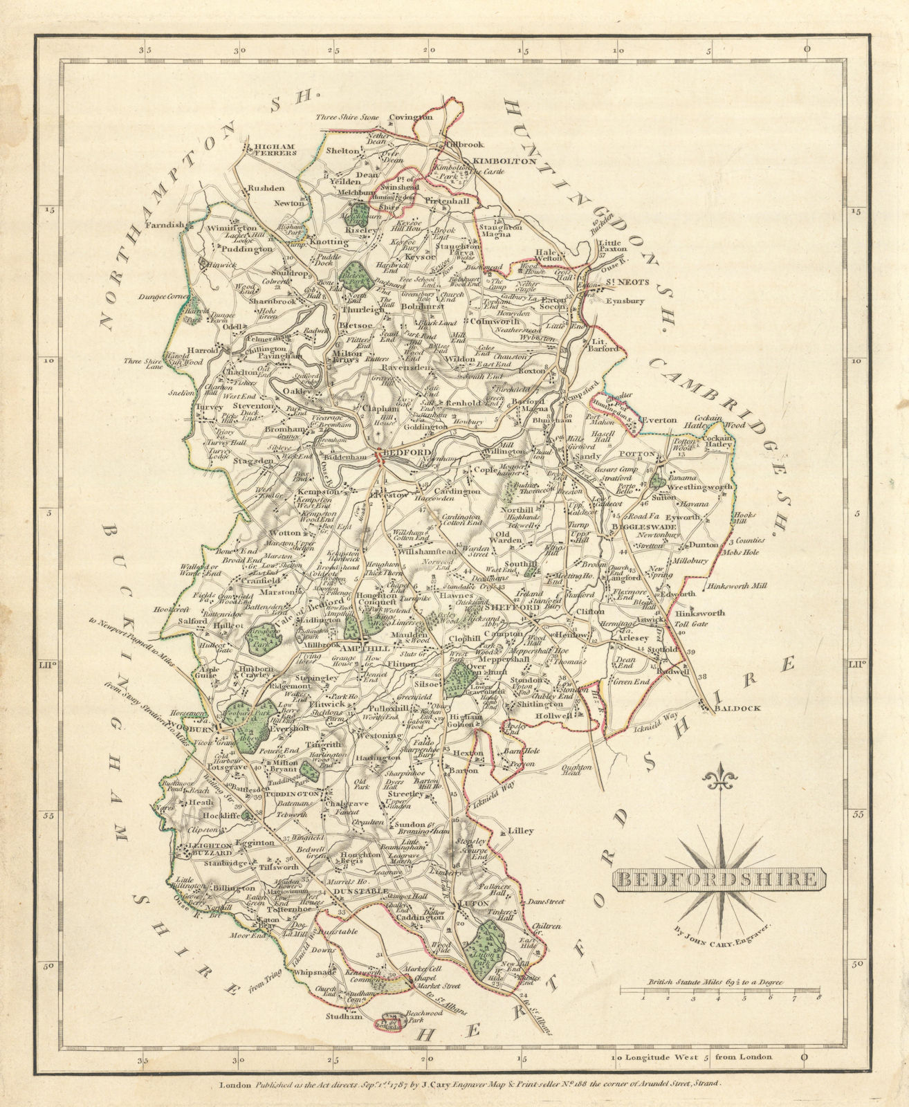 Antique county map of BEDFORDSHIRE by JOHN CARY. Original outline colour 1793