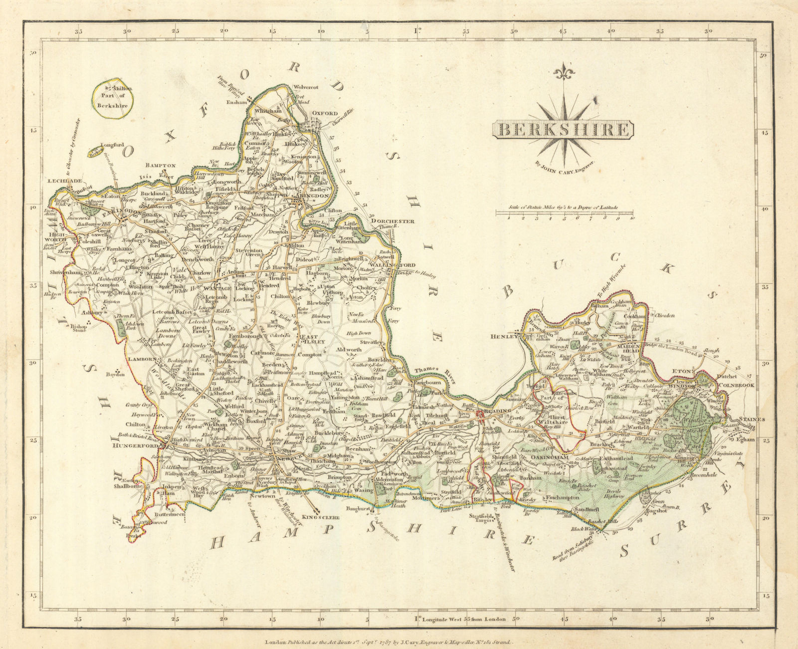 Antique county map of BERKSHIRE by JOHN CARY. Original outline colour 1793