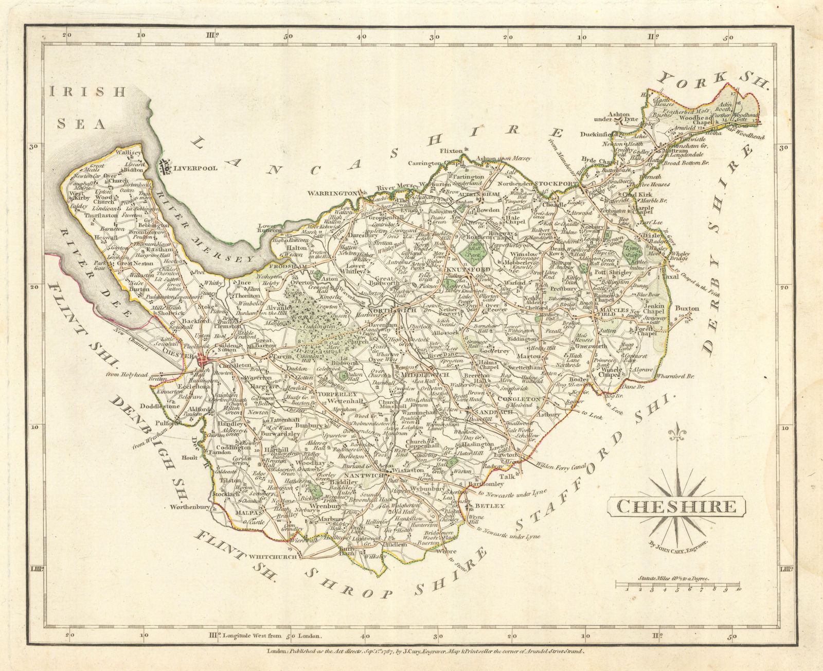 Antique county map of CHESHIRE by JOHN CARY. Original outline colour 1793