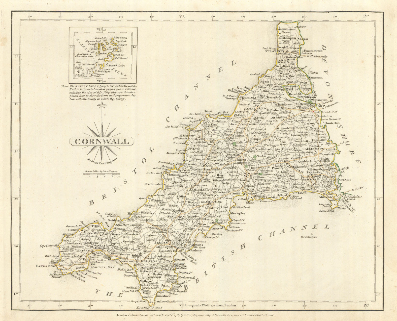 Antique county map of CORNWALL by JOHN CARY. Original outline colour 1793