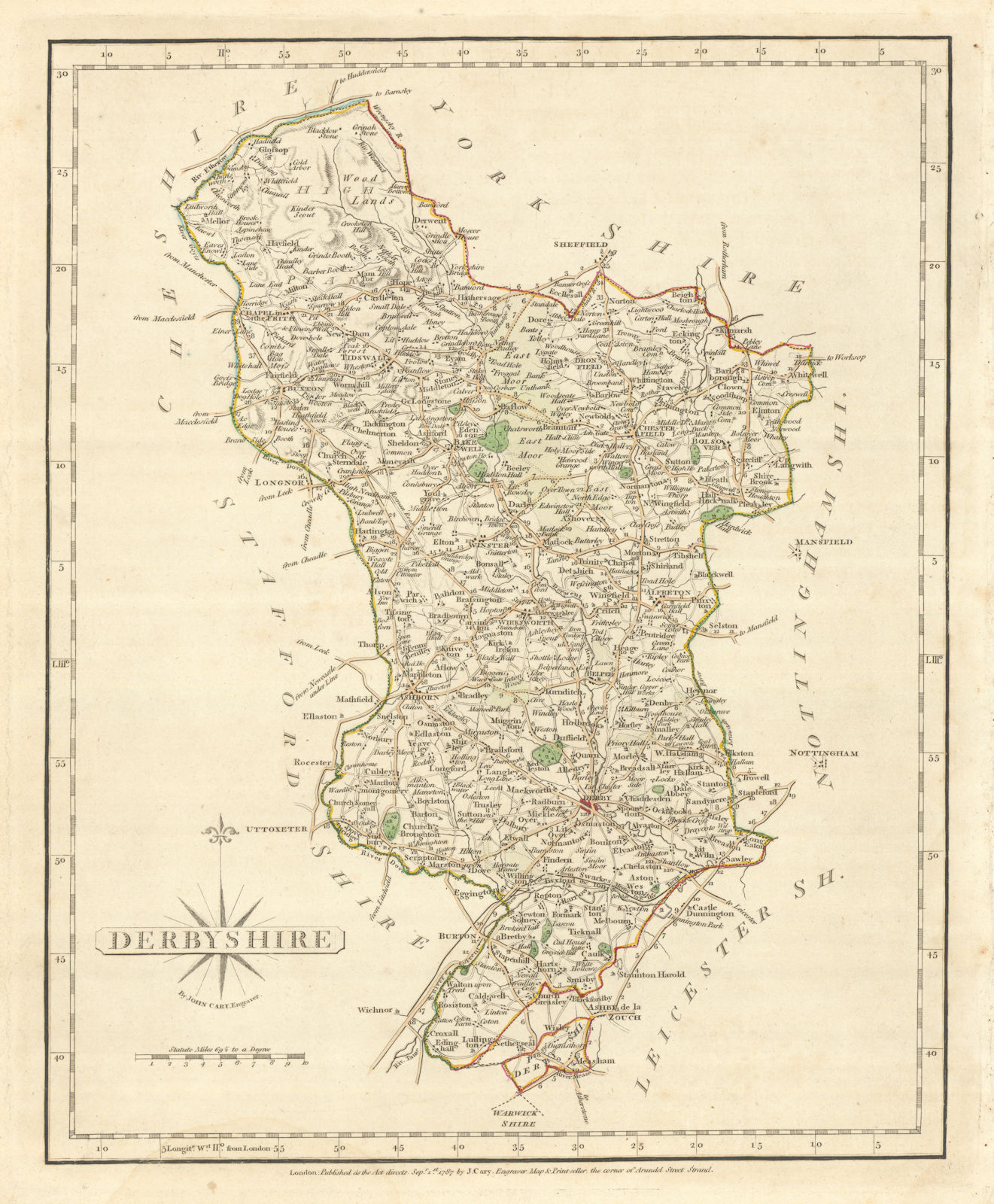 Antique county map of DERBYSHIRE  by JOHN CARY. Original outline colour 1793