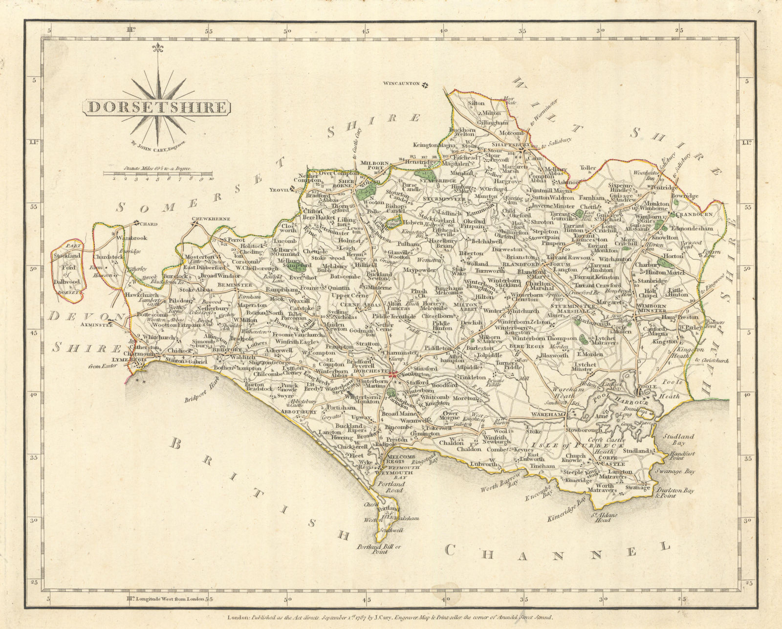 Associate Product Antique county map of DORSETSHIRE by JOHN CARY. Original outline colour 1793