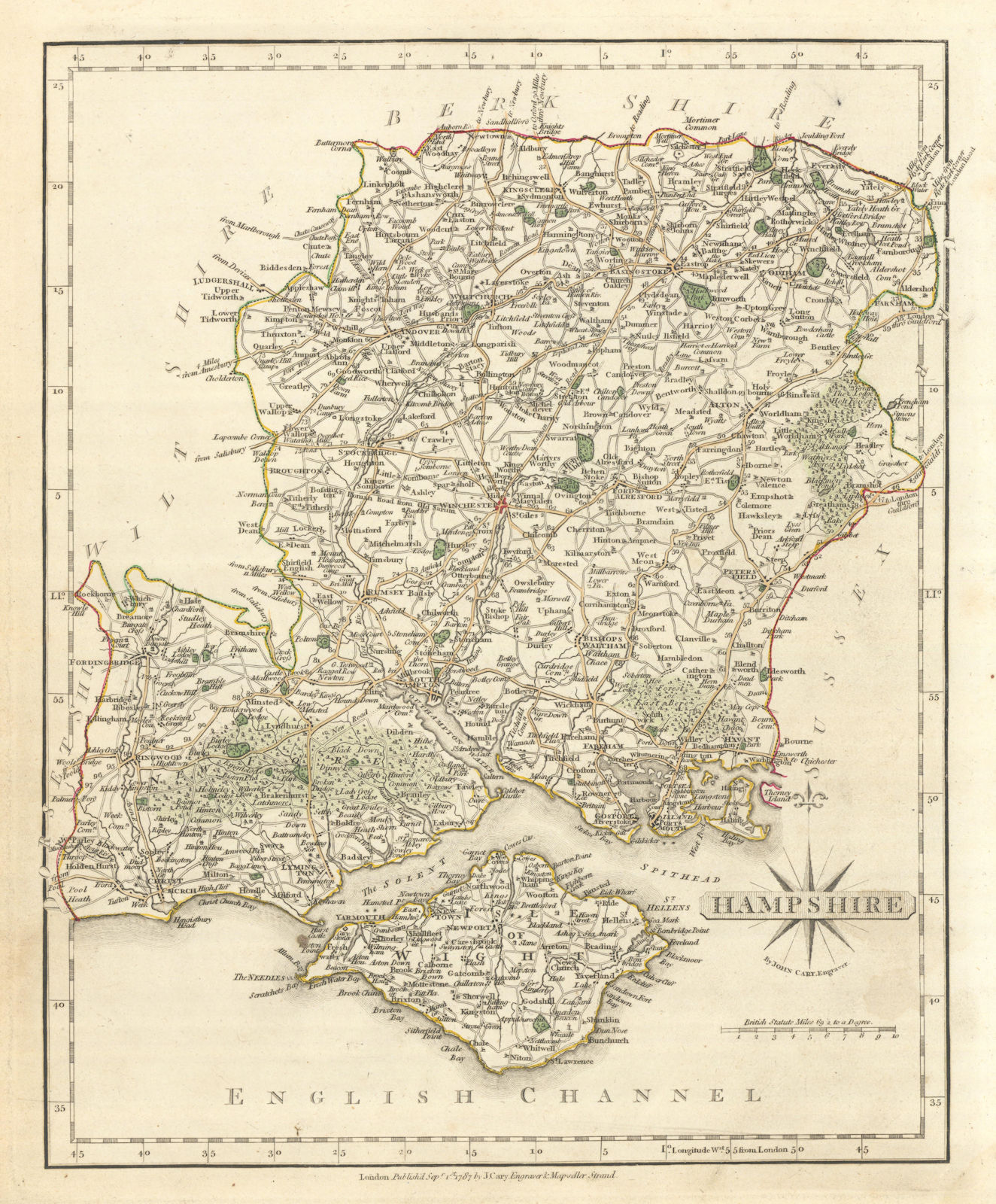 Antique county map of HAMPSHIRE by JOHN CARY. Original outline colour 1793