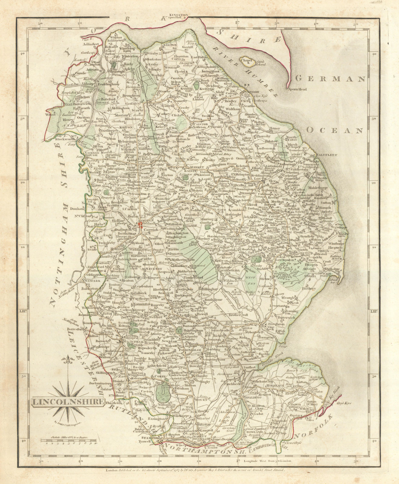 Associate Product Antique county map of LINCOLNSHIRE by JOHN CARY. Original outline colour 1793