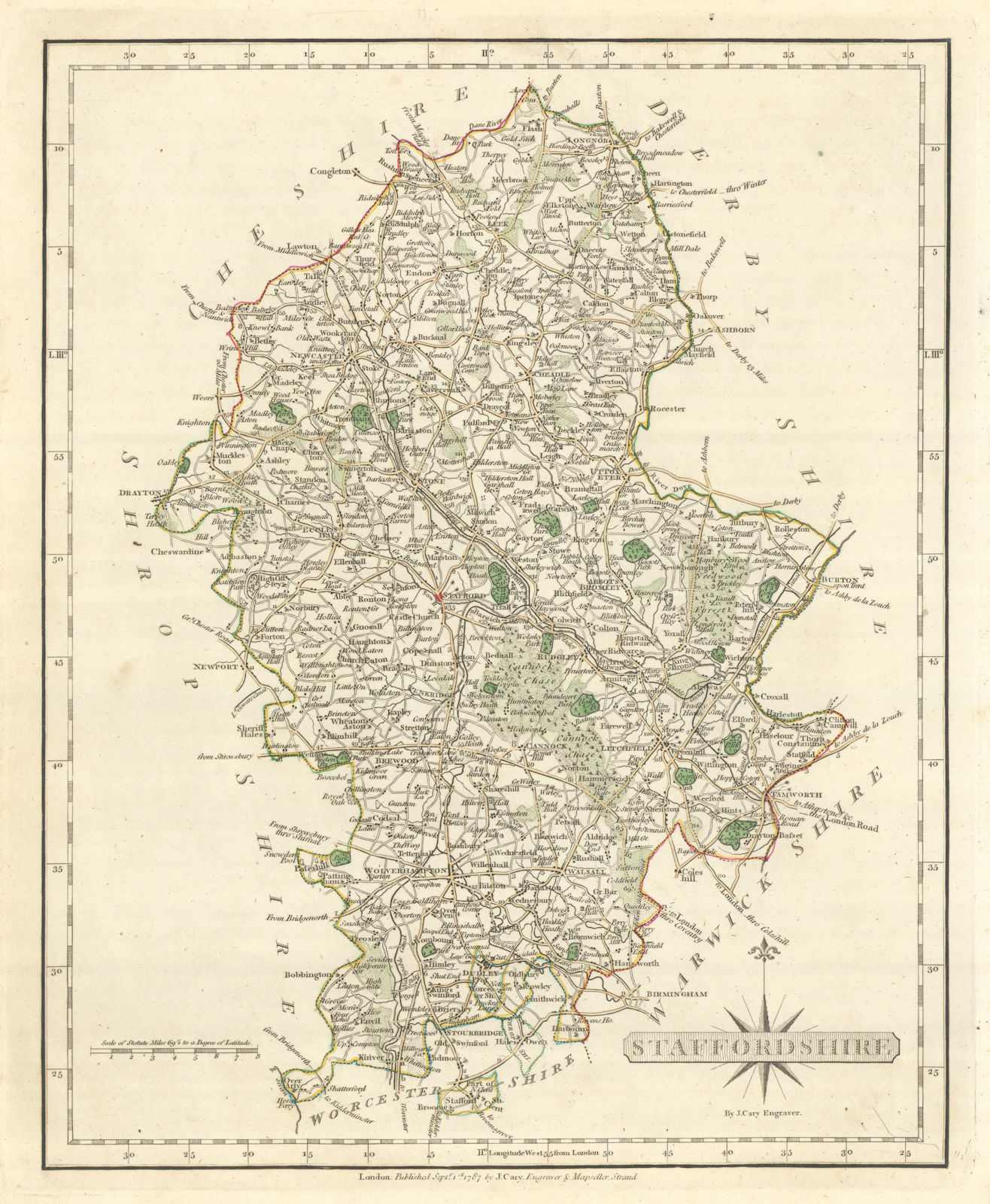 Antique county map of STAFFORDSHIRE by JOHN CARY. Original outline colour 1793