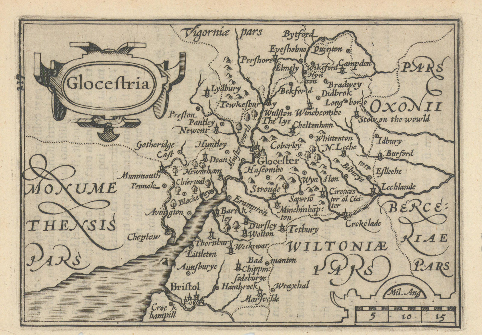 Glocestria by van den Keere. "Speed miniature" Gloucestershire county map 1617