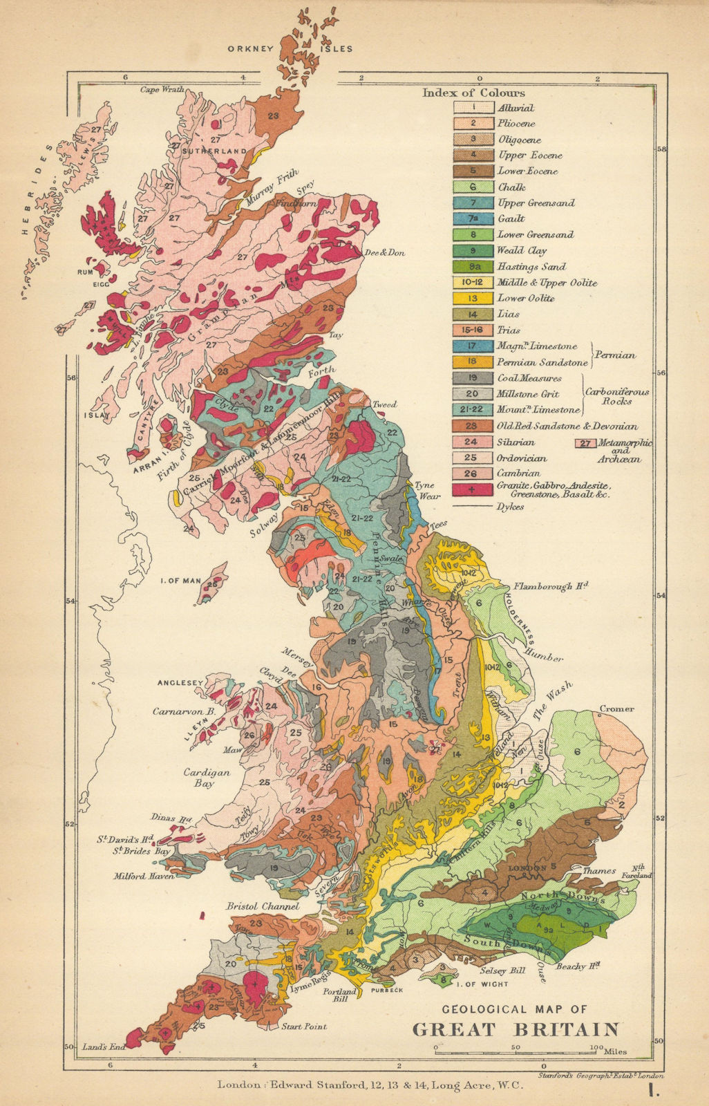 Associate Product UK Geological map of Great Britain 1904 old antique vintage plan chart