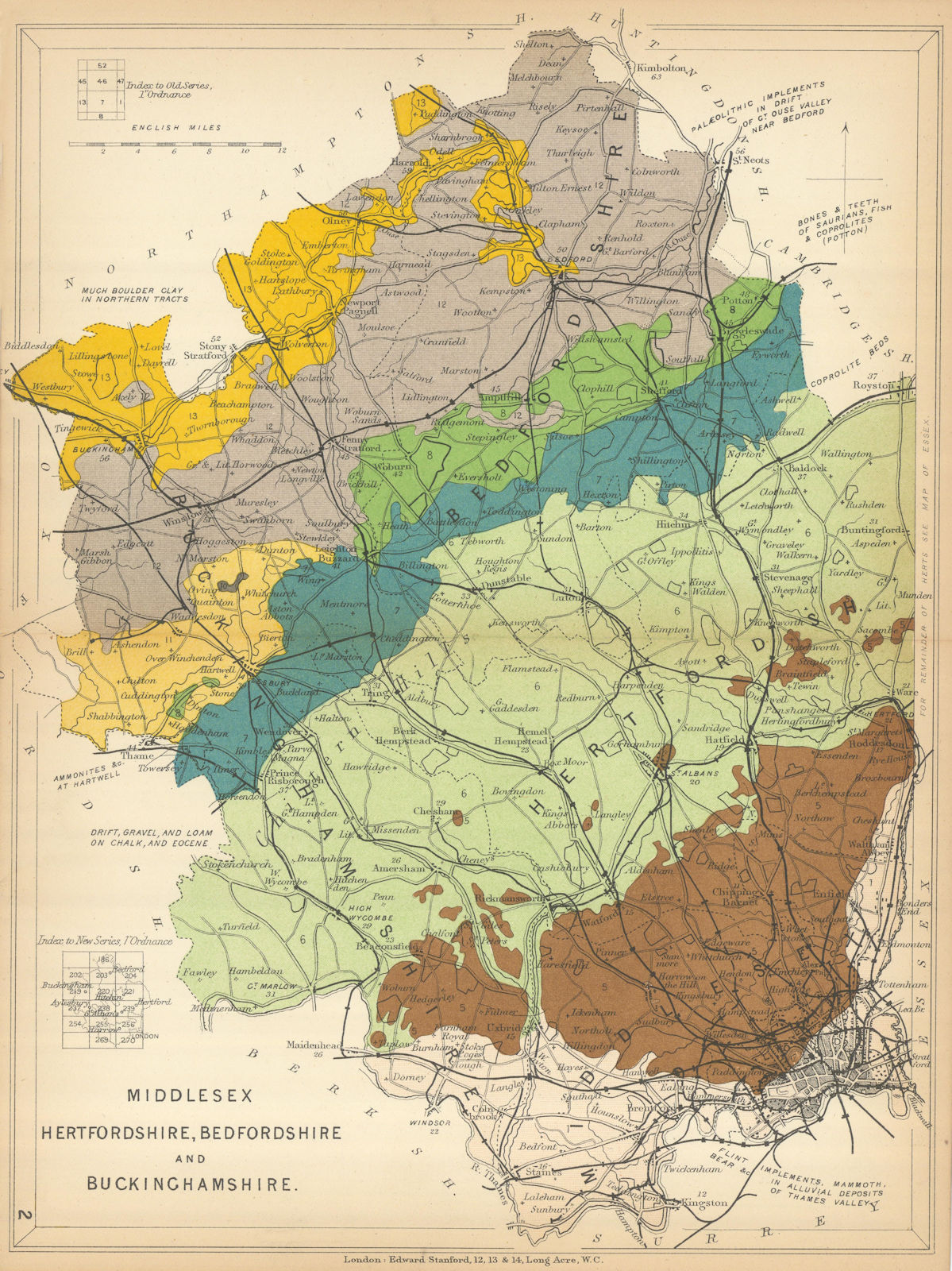 MIDDLESEX HERTFORDSHIRE BEDFORDSHIRE & BUCKS Geological. STANFORD 1904 old map