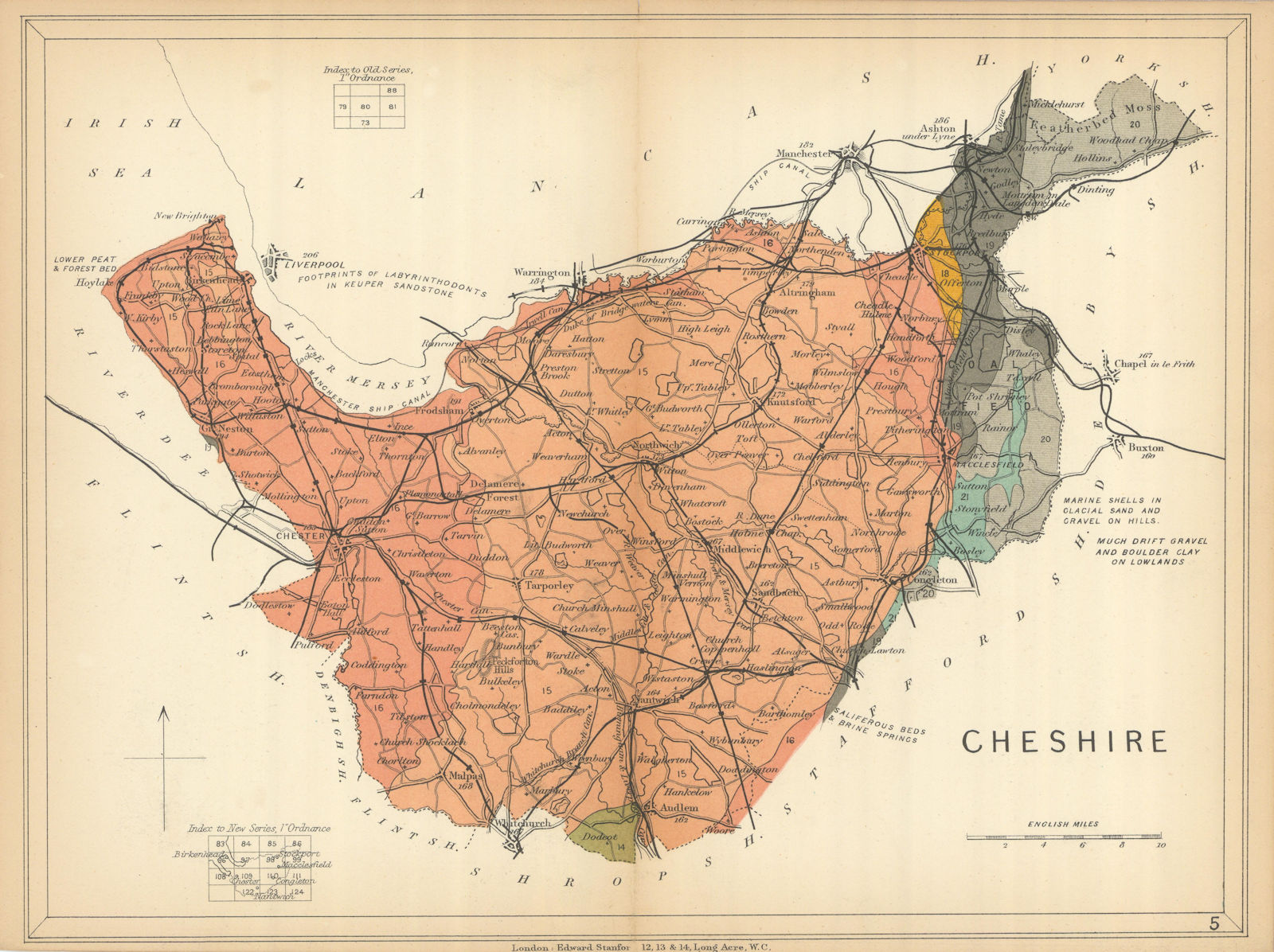 CHESHIRE Geological map. STANFORD 1904 old antique vintage plan chart