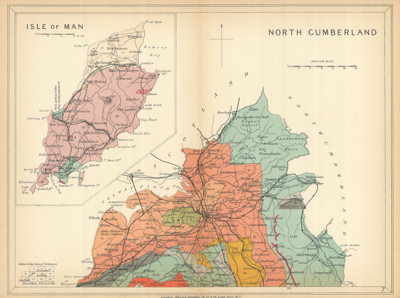 CUMBRIA North Cumberland; Inset Isle of Man. Geological map. STANFORD 1904