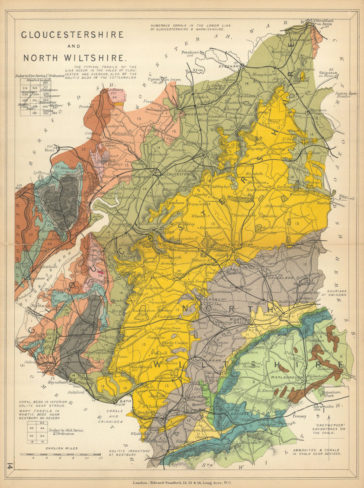 GLOUCESTERSHIRE AND NORTH WILTSHIRE Geological map. STANFORD 1904 old