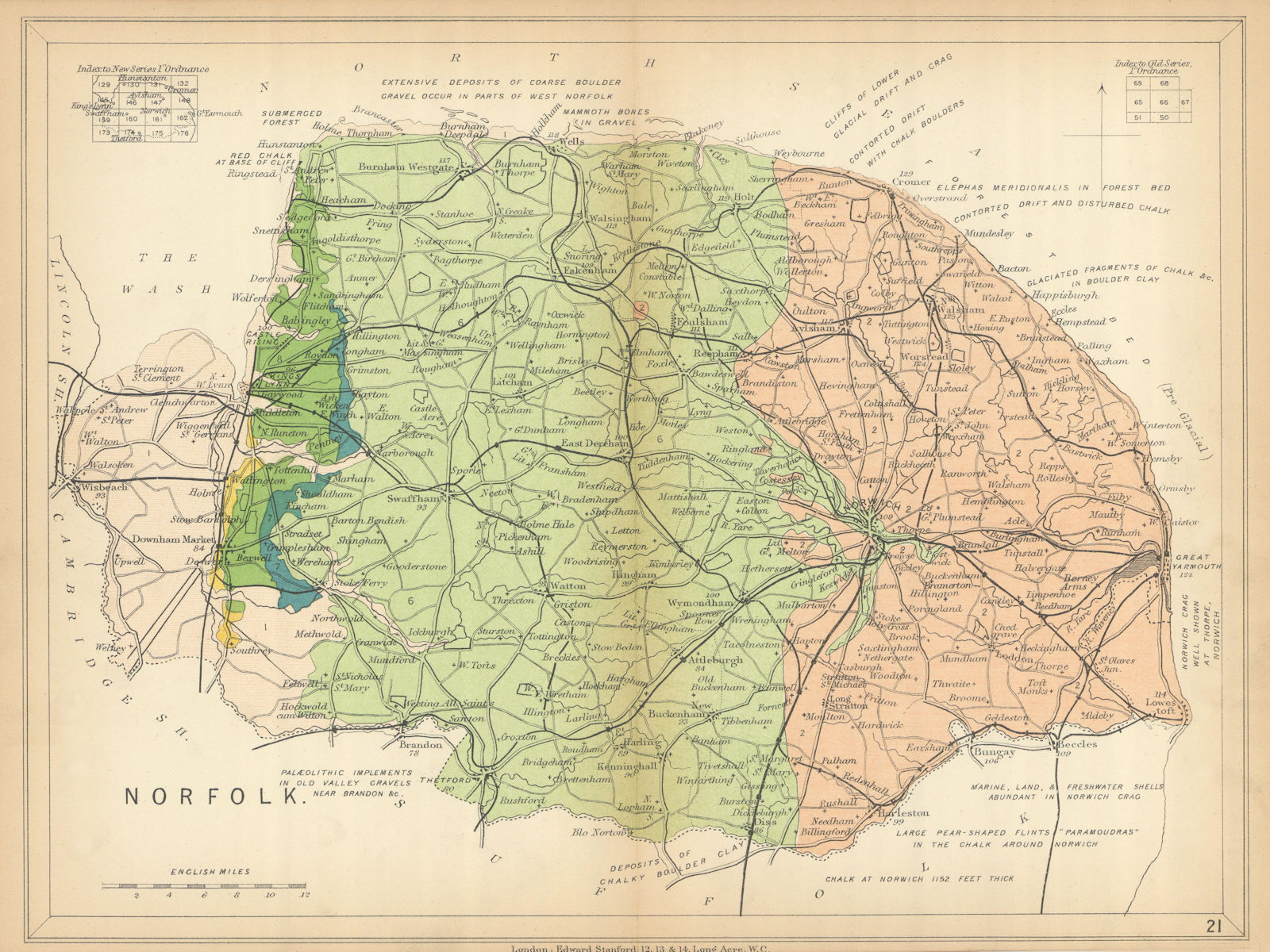 NORFOLK Geological map. STANFORD 1904 old antique vintage plan chart