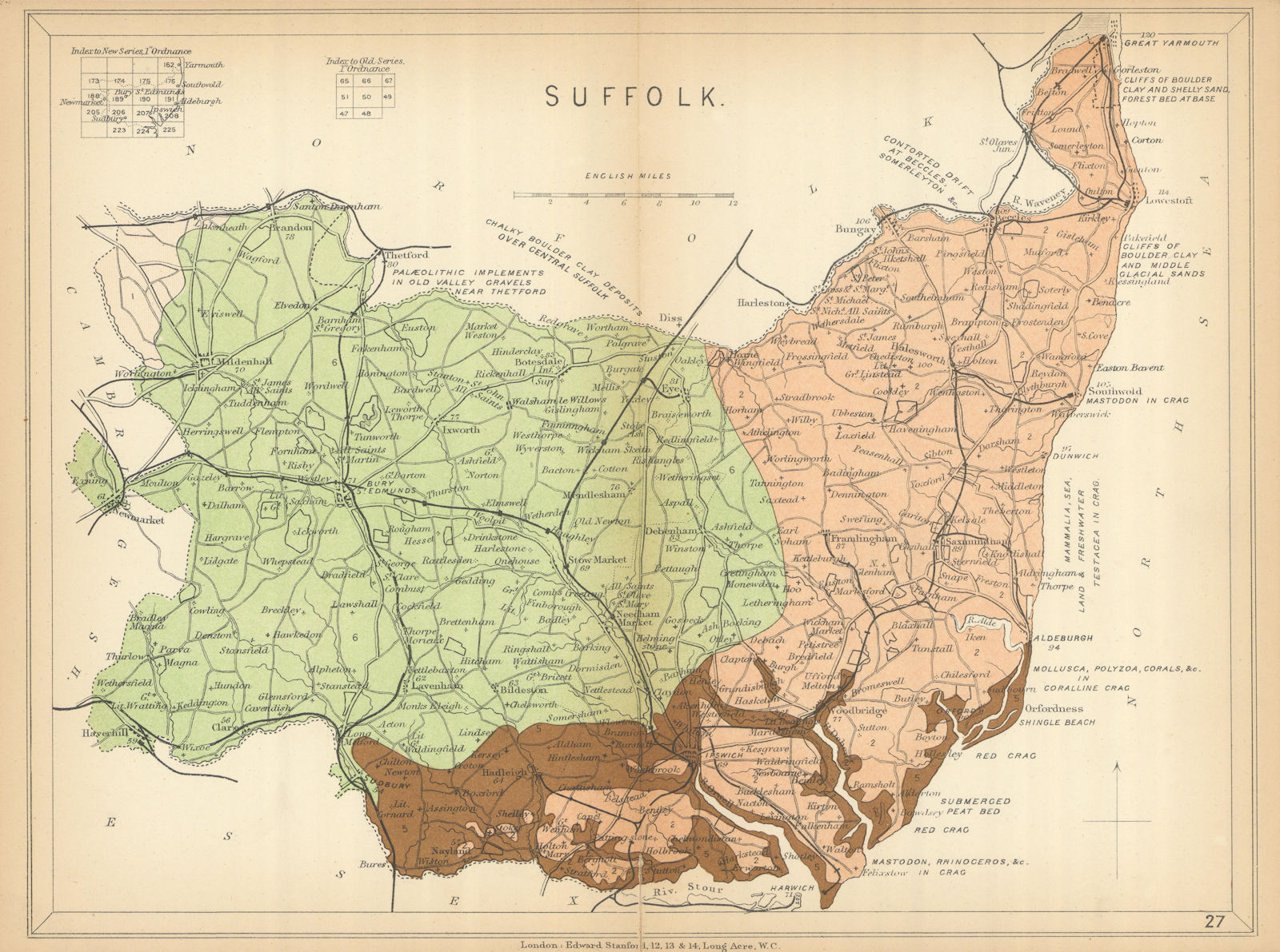 SUFFOLK Geological map. STANFORD 1904 old antique vintage plan chart