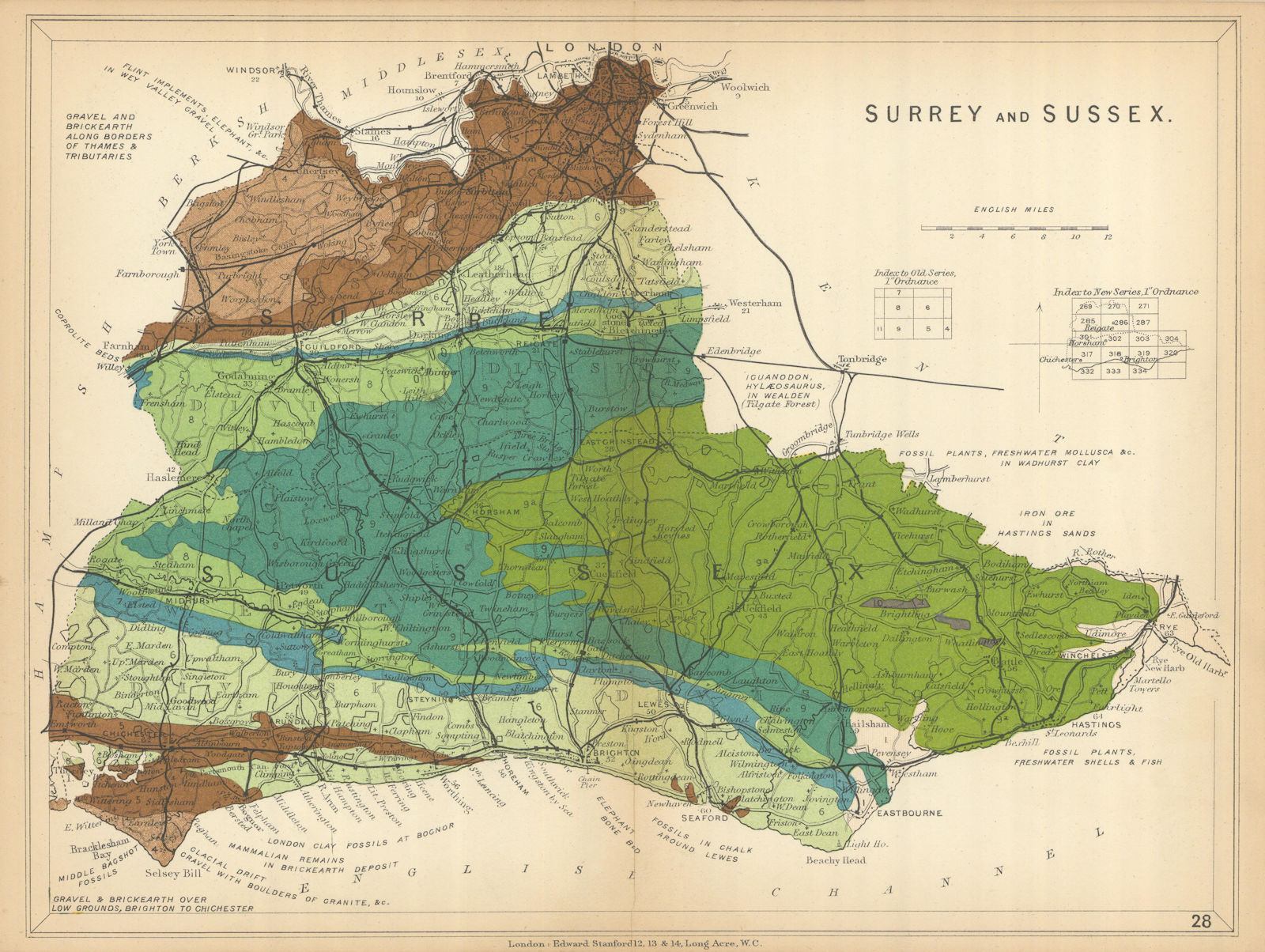 SURREY AND SUSSEX Geological map. STANFORD 1904 old antique plan chart