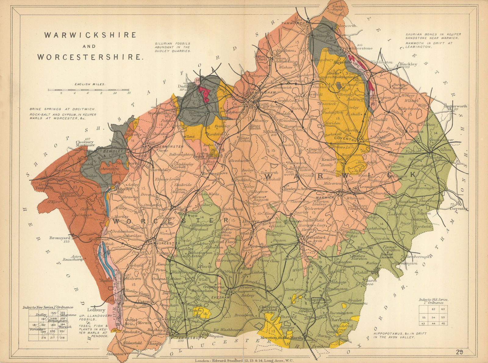 Associate Product WARWICKSHIRE AND WORCESTERSHIRE Geological map. STANFORD 1904 old antique