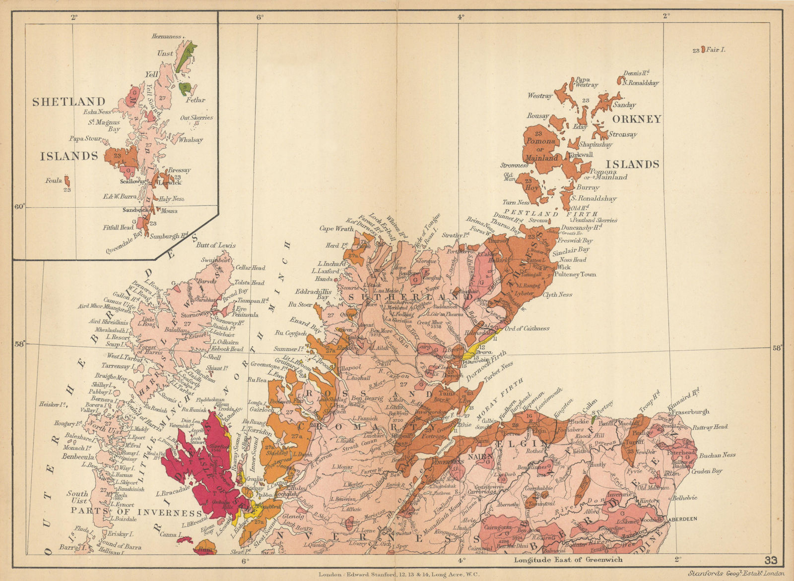 NORTH SCOTLAND Orkneys; Inset Shetlands. Geological. STANFORD 1904 old map