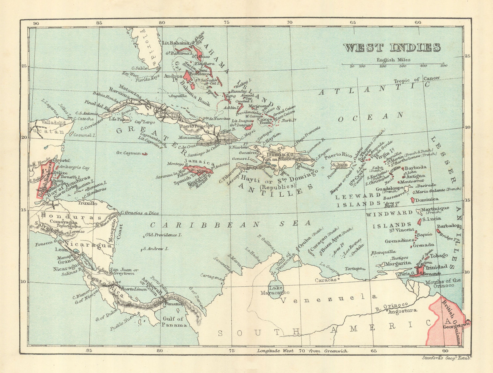 BRITISH WEST INDIES. Showing British Islands/colonies. Caribbean 1910 old map