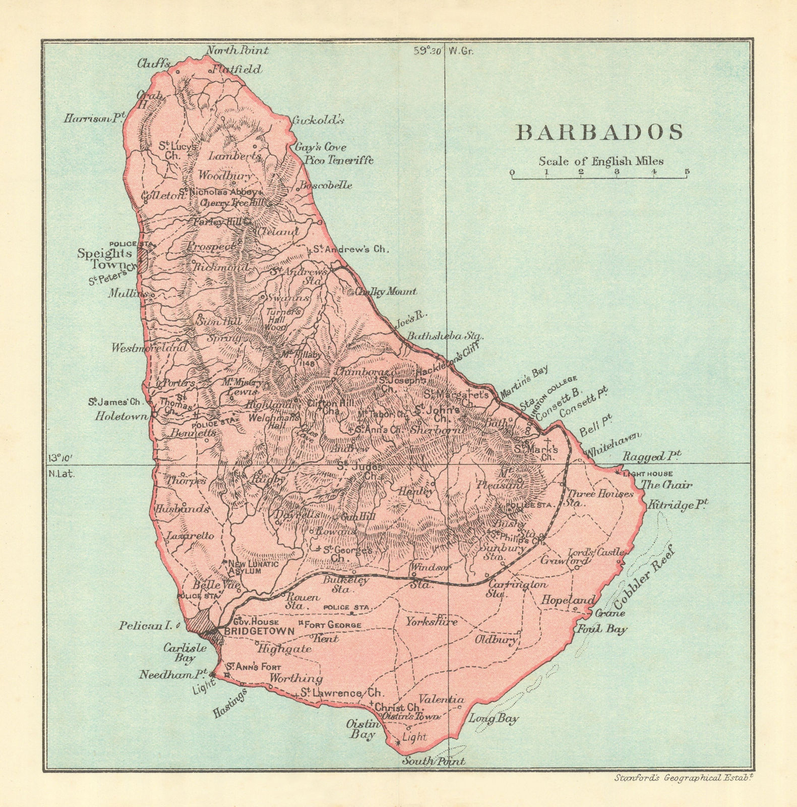 BARBADOS. Vintage map. West Indies Caribbean 1910 old antique plan chart